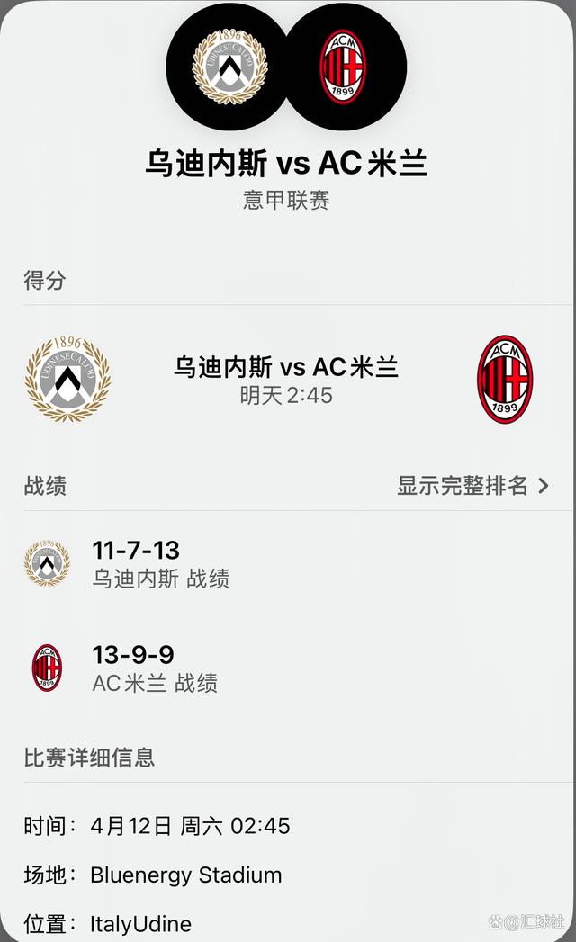 AC米兰击败乌迪内斯，稳坐积分榜榜首